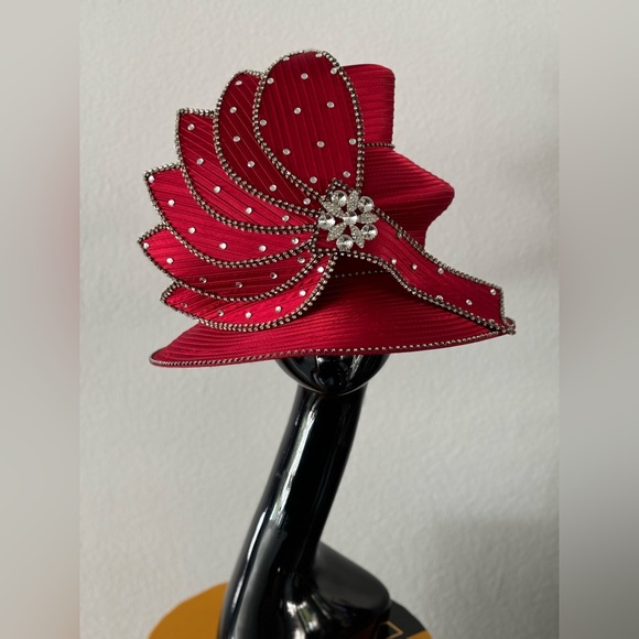 Donna Vinci Couture Red Two Tier Hat with Rhinestones - Picture 1 of 13